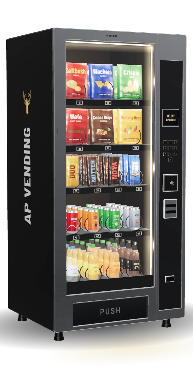 AP Vending snack and drink machine with brushed stainless door, lit glass front and contactless payment panel.